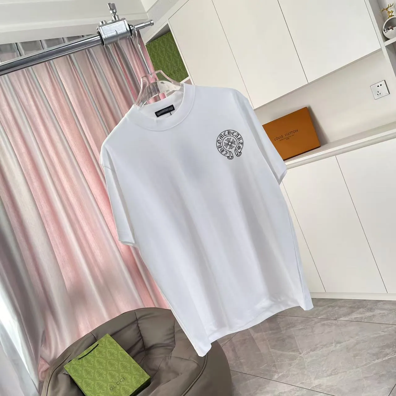 🅿️170 ch Cro* 2025 summer new style Sanskrit cross horseshoe print short-sleeved T-shirt customized fabric 300g same style for men and women Size: S M L XL XXL five sizes Color: black white pink iron gray